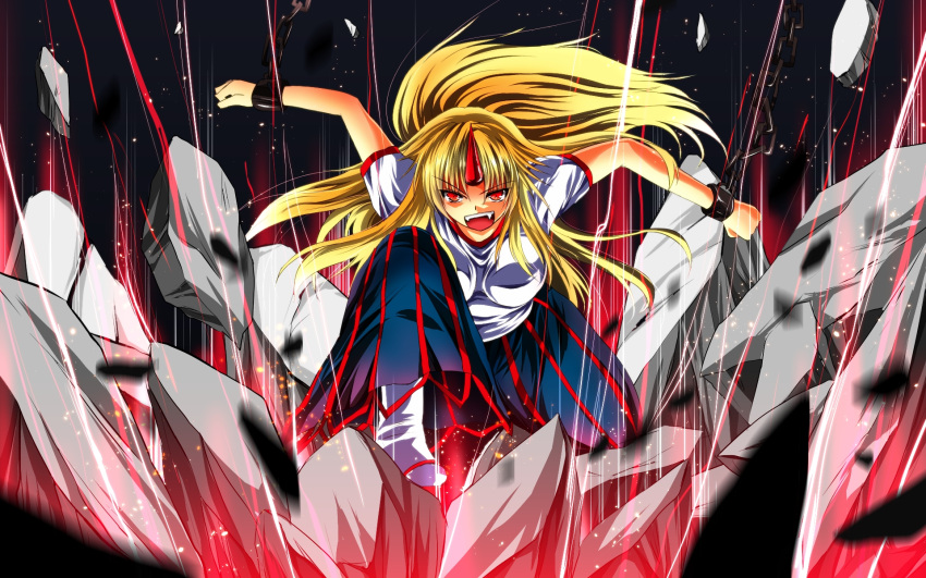 1girl, blonde_hair, chain, cuffs, highres, horn, hoshiguma_yuugi, long_hair