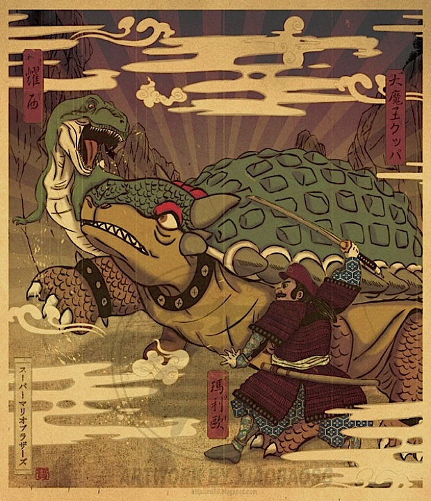 bowser, cloud, collar, dinosaur, egasumi, facial_hair, fine_art_parody, hat, hexagon, katana, kusazuri, male, mario, mustache, nihonga, nintendo, painting, parody, ponytail, samurai, samurai_armor, sheath, sode, solo, spikes, style_parody, super_mario_bros., sword, translated, ukiyo-e, unmoving_pattern, weapon, xiaobaosg, yoshi