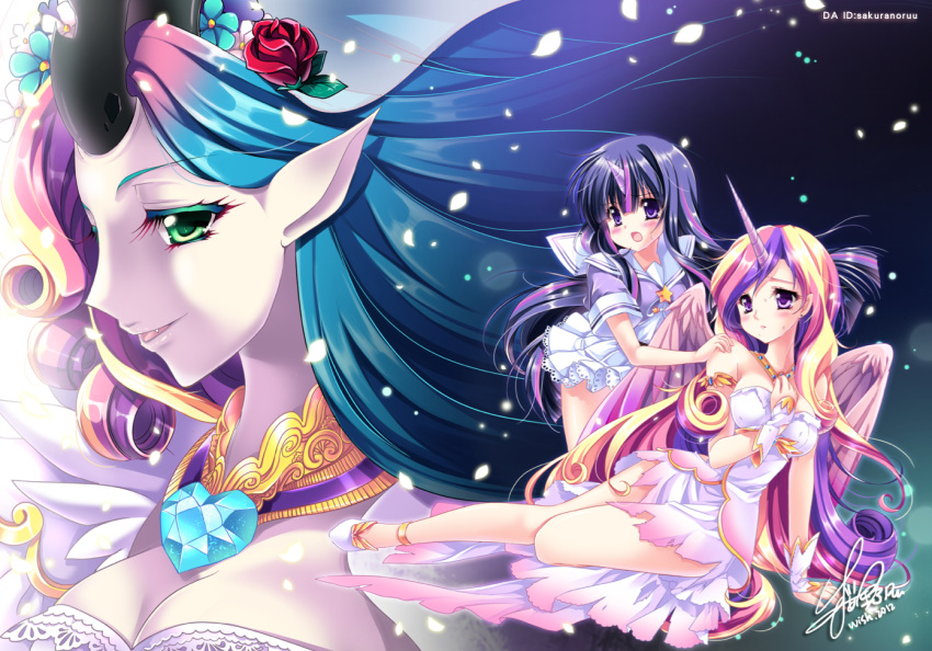 2012, 3girls, bare_shoulders, byruu, colored_eyelashes, fingerless_gloves, flat_gaze, flower
