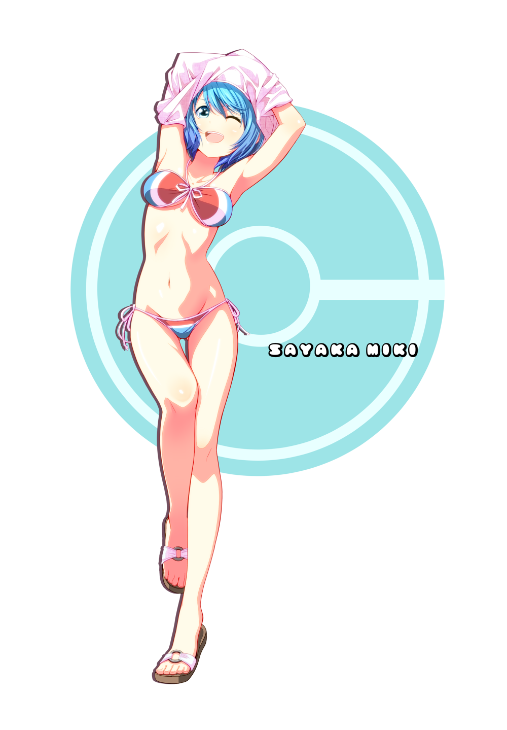 1girl, armpits, arms_up, bikini, blue_eyes, blue_hair, breasts, collarbone, highres, looking_at_viewer, mahou_shoujo_madoka_magica, miki_sayaka, open_mouth, sandals, shirt_over_head, short_hair, side-tie_bikini, smile, solo, swimsuit, tsukumo, underboob, undressing, walking, wink