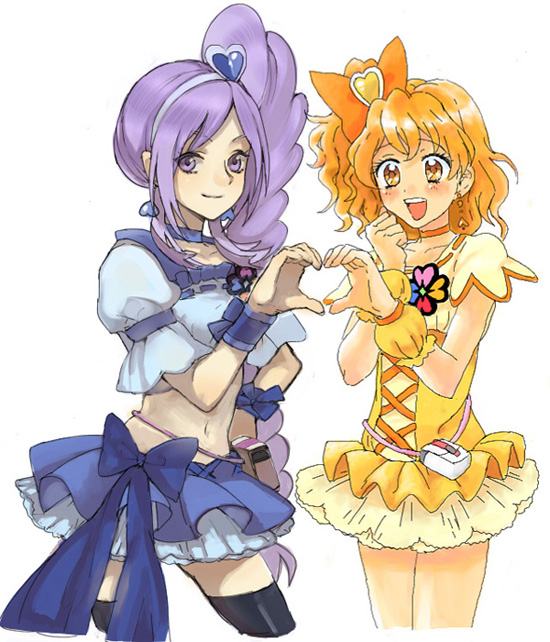 blonde_hair, collaboration, cure_berry, cure_pine, drill_hair, fresh_precure!, fresh_pretty_cure!, hairband