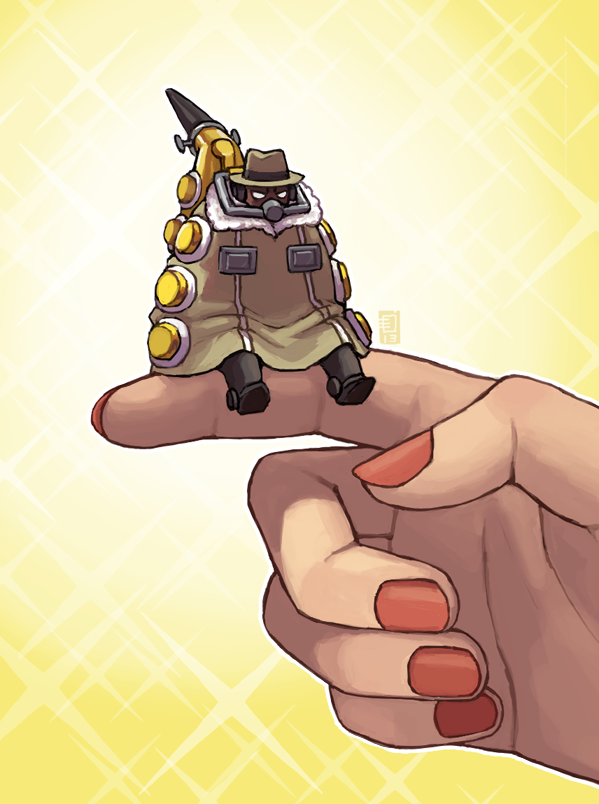 1boy, android, big_band, emlan, miniboy, sitting, size_difference, skullgirls