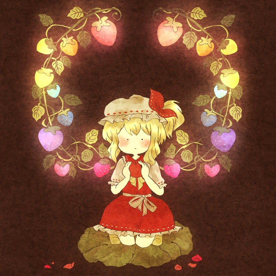 1girl, apple, ascot, blonde_hair, blush, dress, flandre_scarlet, food, frills, fruit, leaf, shannu0506, sitting, solo, strawberry, touhou, vines