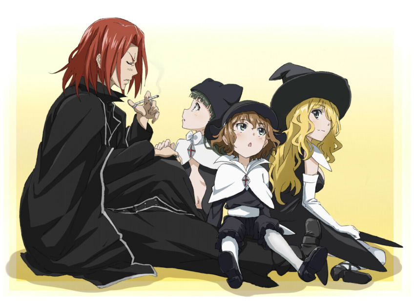 1boy, 3girls, black_hair, blonde_hair, blue_eyes, breasts, broom, brown_hair