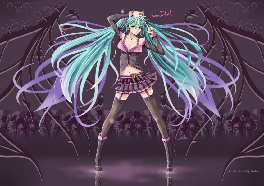 1girl, anho, artist_name, belt, boots, bra, garter_straps, green_eyes