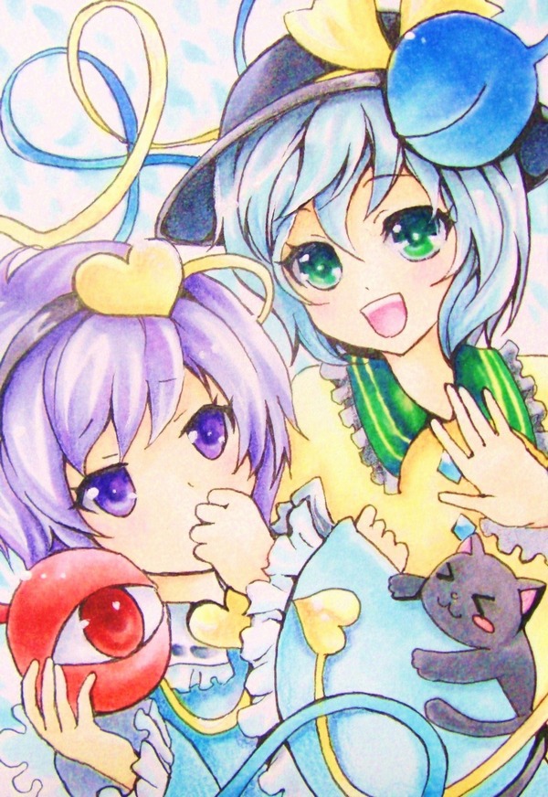 >_<, 2girls, blouse, blue_hair, blush_stickers, covering_mouth, dutch_angle, frills