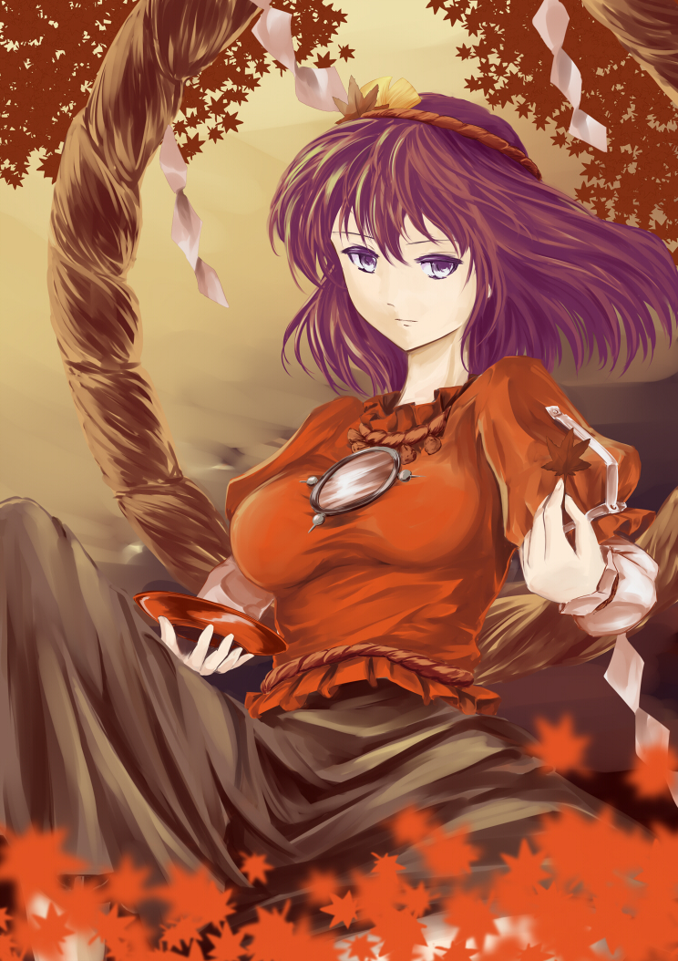 1girl, blouse, breasts, brown_background, f_kz, knee_up, leaf, long_skirt