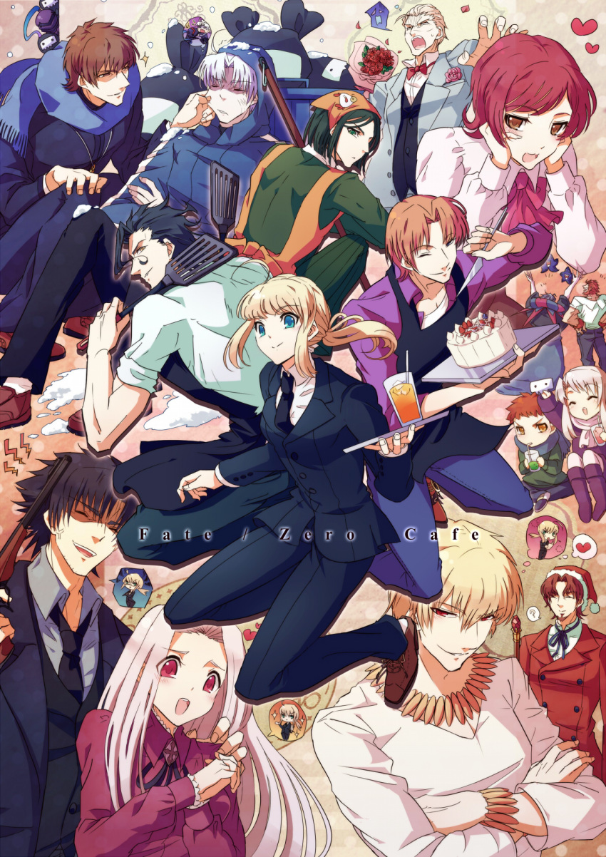 assassin_(fate/zero), berserker_(fate/zero), cafe, cake, caster_(fate/zero), emiya_kiritsugu, emiya_shirou, everyone