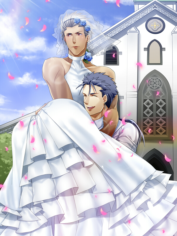 2boys, archer, bare_shoulders, blue_hair, blush, bridal_veil, bride, brown_eyes, church, crossdressinging, dress, earrings, fate/stay_night, fate_(series), grey_hair, jewelry, lancer, long_hair, mitsuki_mitsuno, multiple_boys, parody, petals, ponytail, veil, wedding, wedding_dress, yaoi