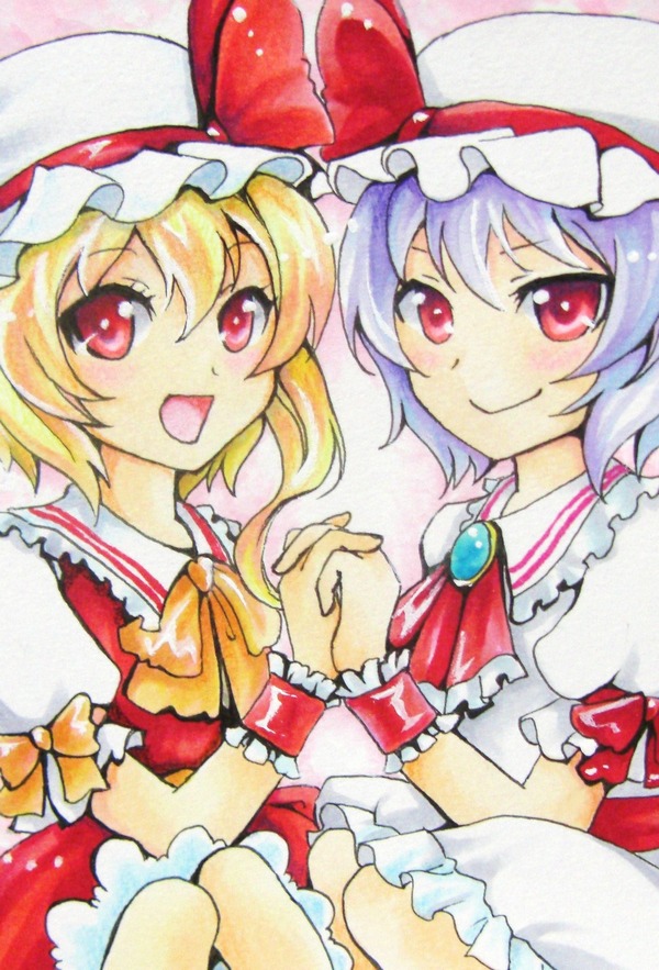 2girls, ascot, blonde_hair, blouse, brooch, flandre_scarlet, holding_hands, interlocked_fingers