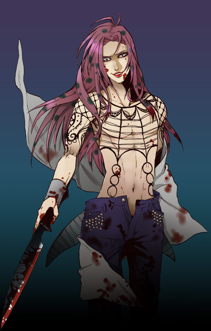 1boy, blood, diavolo, jojo_no_kimyou_na_bouken, knife, lipstick, long_hair, makeup, midriff, nug, pink_hair, solo