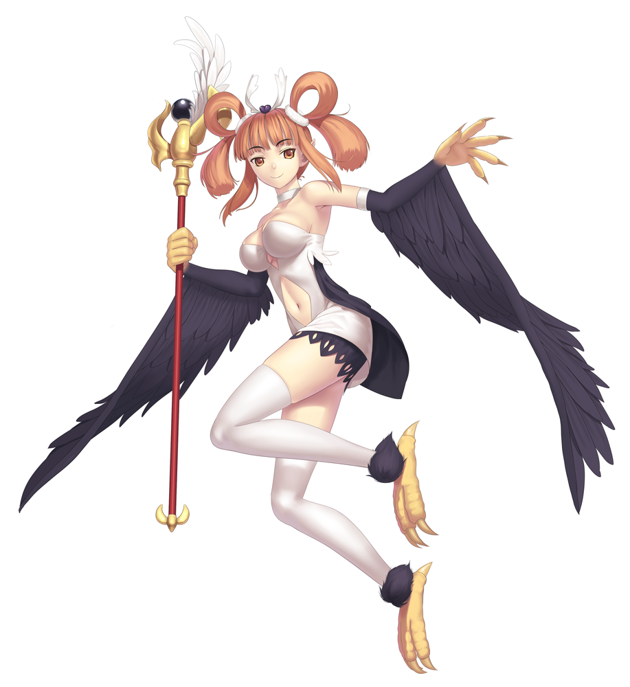1girl, bare_shoulders, black_wings, breasts, choker, claws, dress, duel_monster, harpie_channeler, harpy, long_hair, midriff, monster_girl, navel, orange_eyes, orange_hair, pointy_ears, simple_background, skindentition, smile, solo, staff, strapless_dress, talons, thigh-highs, tsukikanade, twintails, white_background, white_legwear, wings, yuu-gi-ou, yuu-gi-ou_duel_monsters