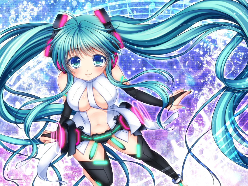 1girl, anklet, aqua_eyes, aqua_hair, asazuki_kanai, bridal_gauntlets, center_opening, hatsune_miku
