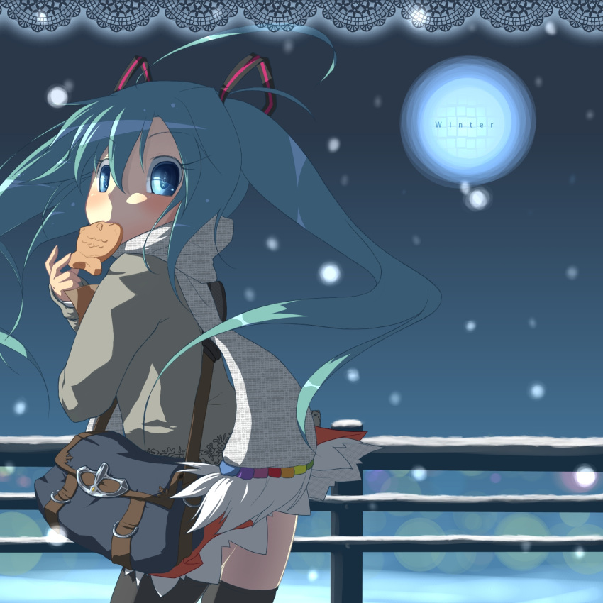 1girl, aqua_eyes, aqua_hair, bag, eating, food, hatsune_miku, highres