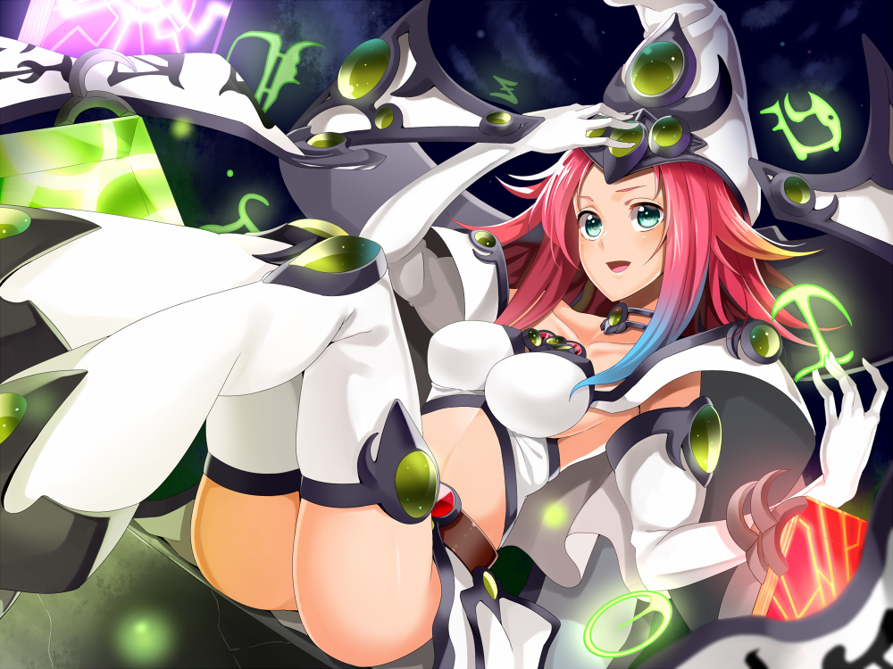 1girl, aqua_eyes, belt, blue_hair, book, choker, collarbone, elbow_gloves, from_below, gloves, glowing, gradient_hair, hat, koko_shiguma, long_hair, looking_at_viewer, magical_erudite_junon, midriff, multicolored_hair, open_mouth, pink_hair, purple_hair, sitting, solo, thigh-highs, thighs, white_legwear, wizard_hat, yuu-gi-ou, yuu-gi-ou_duel_monsters