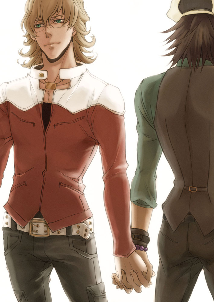 2boys, barnaby_brooks_jr, blonde_hair, bracelet, brown_hair, facial_hair, glasses, green_eyes