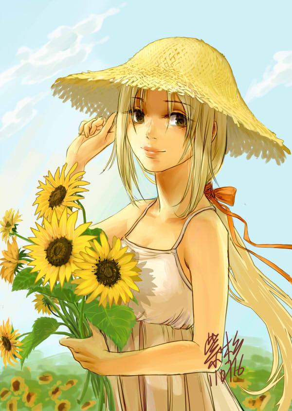 1girl, dress, flower, hat, long_hair, original, ponytail, solo