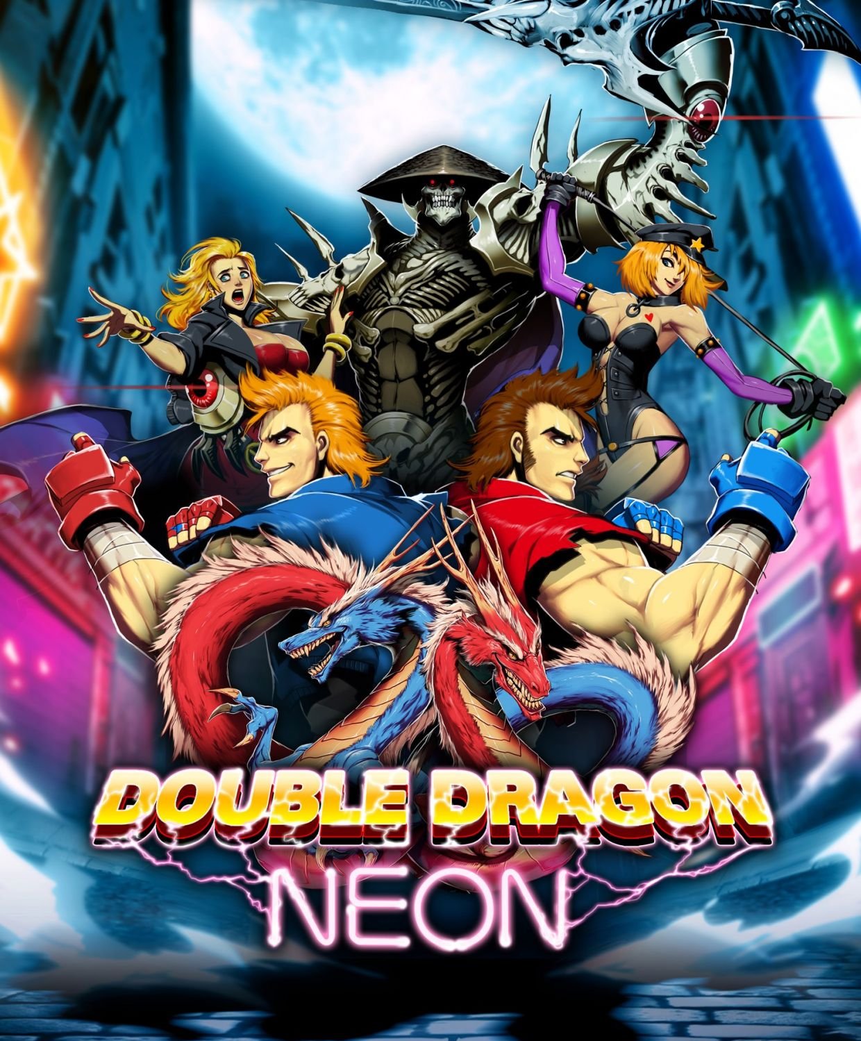2girls, 3boys, 80s, armor, billy_lee, blonde_hair, blue_eyes, bob_cut, bracelet, breasts, brown_hair, building, cape, character_request, chinese_hat, city, double_dragon, double_dragon_neon, dragon, electricity, fingerless_gloves, genzoman, gloves, grin, hat, highres, jacket, jewelry, jimmy_lee, logo, long_hair, manly, marion_(double_dragon), mask, mullet, multiple_boys, multiple_girls, muscle, neon_tube, oldschool, orange_hair, red_eyes, scared, side_burns, skullmageddon, smile, sword, tattoo, vest, video_game, weapon, whip