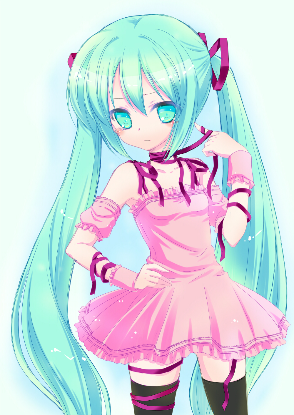 1girl, dress, green_eyes, green_hair, hair_ribbon, hand_on_hip, hatsune_miku, highres