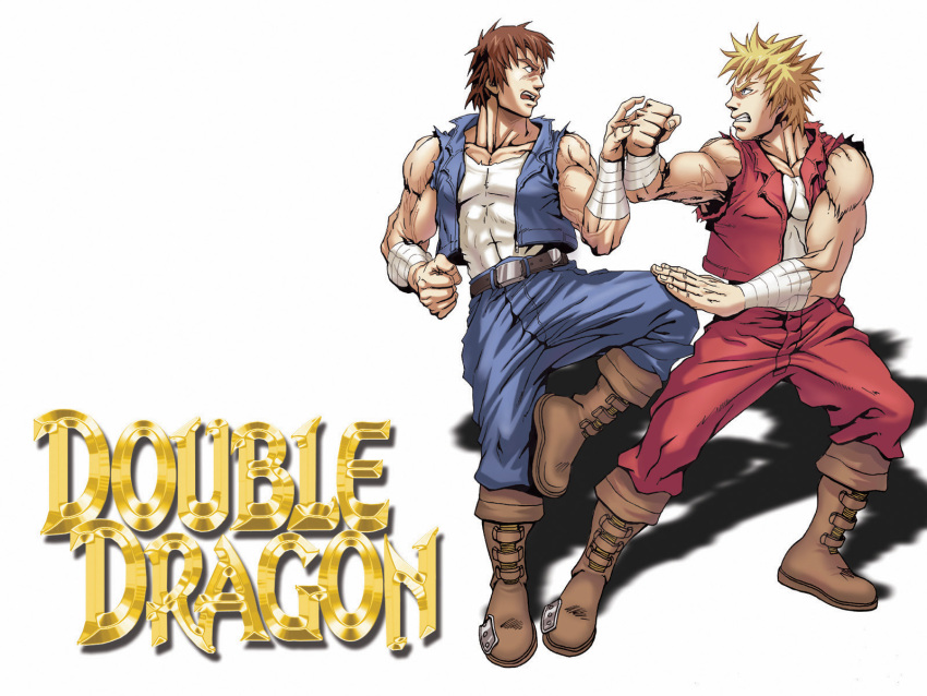 2boys, 80s, angry, armband, billy_lee, blonde_hair, boots, brothers, brown_hair, double_dragon, duel, highres, jimmy_lee, logo, manly, martial_arts, mullet, multiple_boys, muscle, official_art, oldschool, promotional_art, siblings, spiky_hair, training, vest, video_game