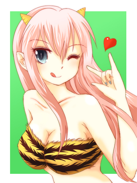 :p, blue_eyes, bra, heart, horns, kazzha, long_hair, megurine_luka