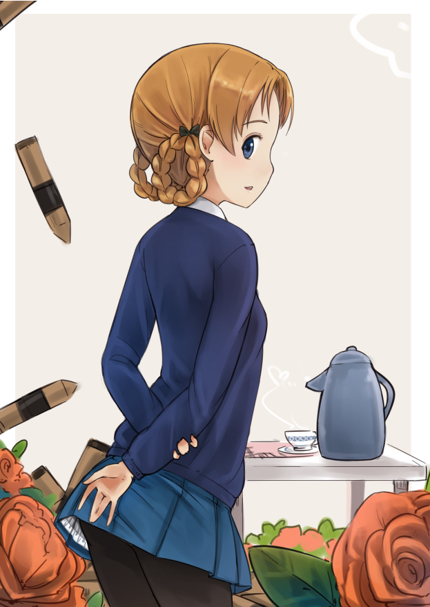 1girl, back, black_legwear, blue_eyes, blush, brown_eyes, brown_hair, crayon