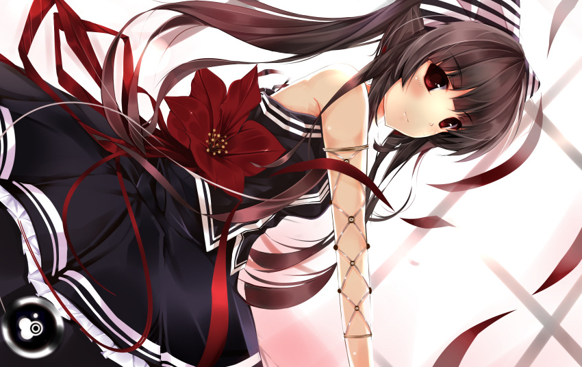 1girl, absurdres, bare_shoulders, blush, bow, brown_hair, dress, hair_bow