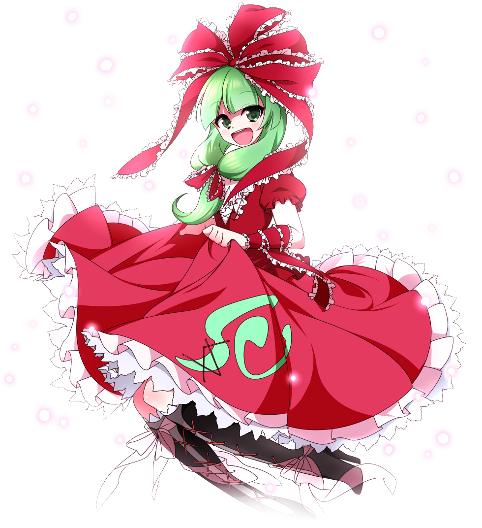 1girl, boots, bow, frills, front_ponytail, green_eyes, green_hair, hair_bow