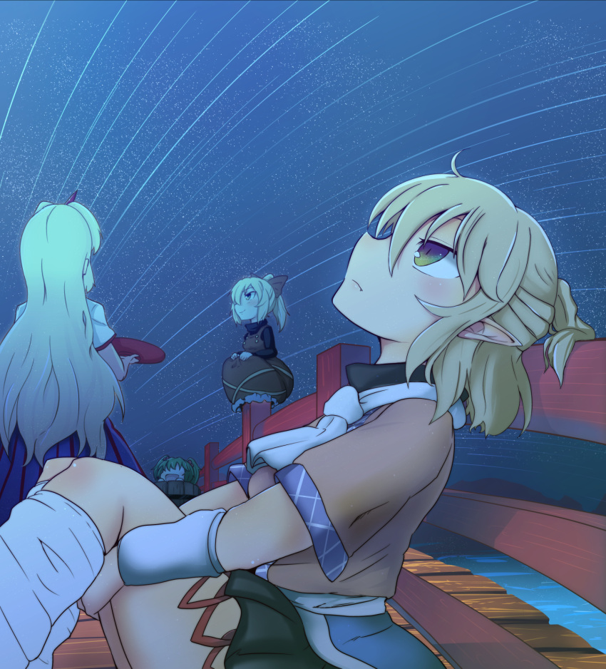 4girls, blonde_hair, bow, bridge, bucket, green_hair, hair_bobbles, hair_bow