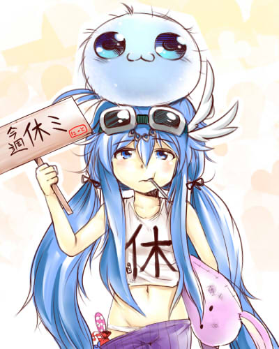 1girl, blue_eyes, blue_hair, clothes_writing, duel_monster, eating, goggles, lowres, midriff, object_on_head, panties, pillow, sign, slacker_magician, spore, tenpester, twintails, underwear, yuu-gi-ou