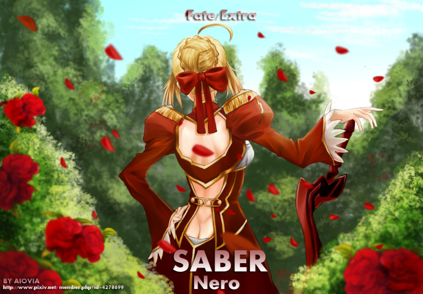 1girl, ahoge, breasts, cleavage, dress, epaulettes, fate/extra, fate_(series)