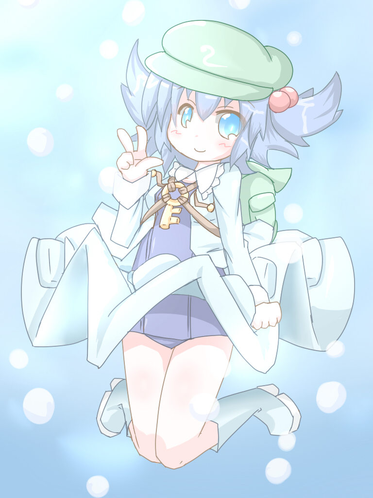 1girl, backpack, bag, blue_eyes, blue_hair, boots, bubble, cap