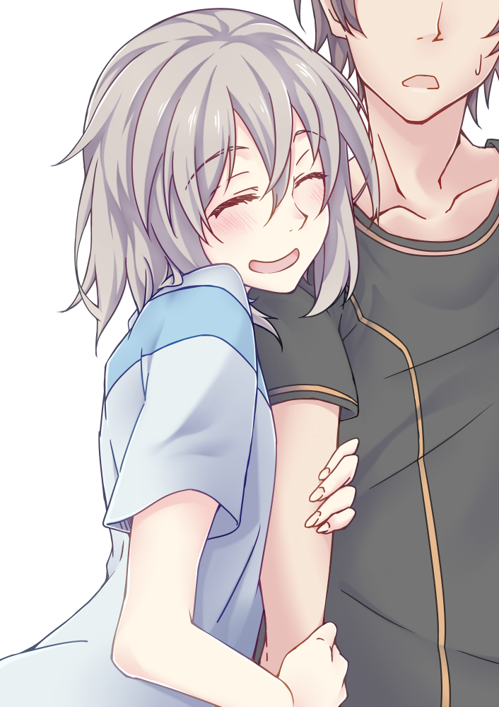 arm_grab, asoi_kaoru, blush, brown_hair, closed_eyes, collarbone, kidou_eita, open_mouth