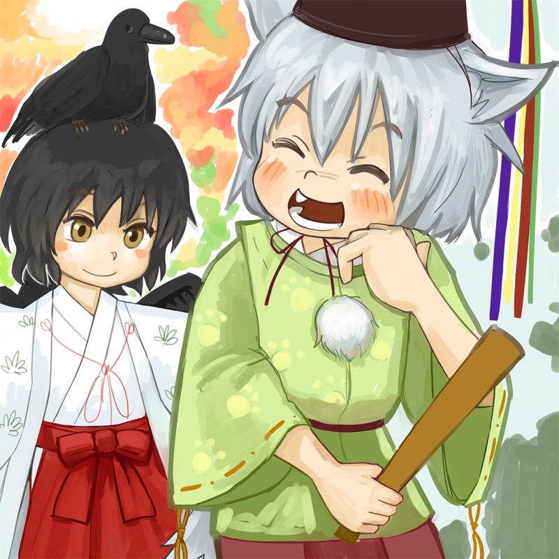 animal_on_head, bird, bird_on_head, blush, closed_eyes, crow, hat, inubashiri_momiji
