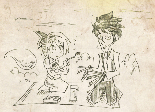 1boy, 1girl, blush_stickers, edward_scissorhands, konpaku_youmu, konpaku_youmu_(ghost), monochrome, picnic