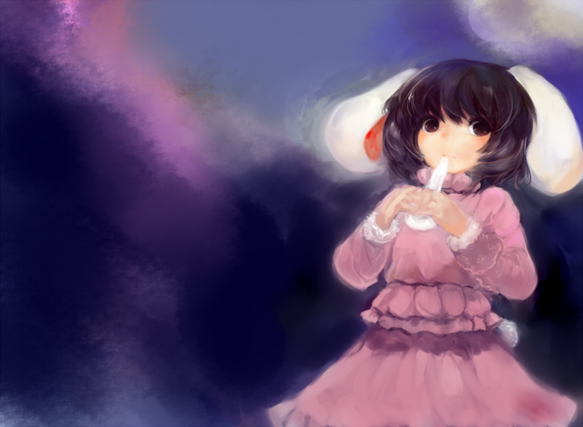 1girl, animal_ears, black_eyes, black_hair, dress, eating, food, inaba_tewi, long_sleeves, maccha_cocoa, mochi, rabbit_ears, solo, touhou, wagashi