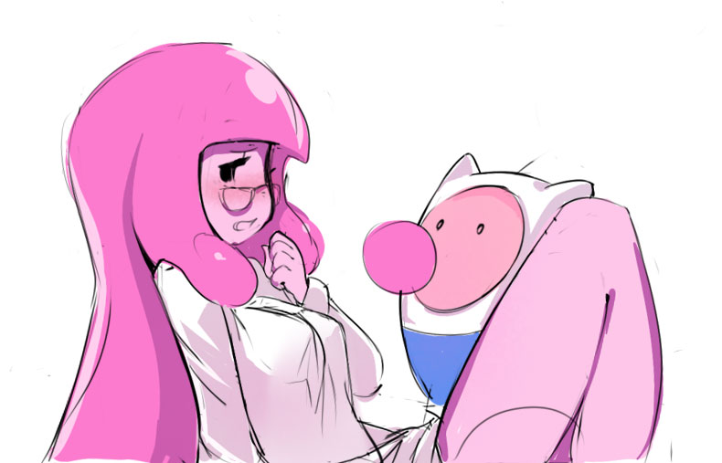 1boy, 1girl, adventure_time, alternate_hairstyle, averted_eyes, blowing_bubblegum, bubblegum, embarrassed, finn, glasses, hair_down, hat, labcoat, long_hair, pink_hair, pink_skin, princess_bubblegum, sexually_suggestive, sho-n-d, simple_background, white_background