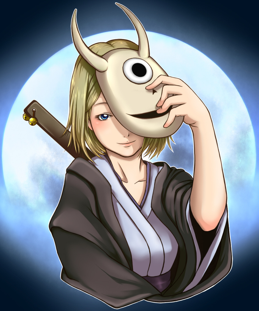 1girl, blonde_hair, blue_eyes, highres, hiiragi_(natsume), japanese_clothes, lips, mask, moon, natsume_yuujinchou, peeking, solo