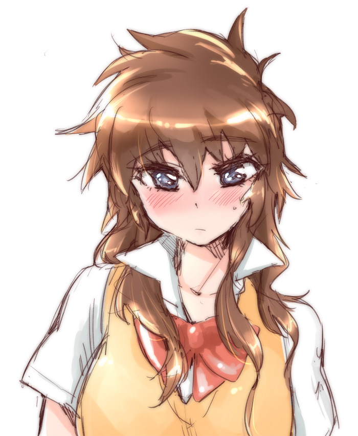 1girl, alternate_hair_length, alternate_hairstyle, blue_eyes, blush, brown_hair, long_hair, looking_at_viewer