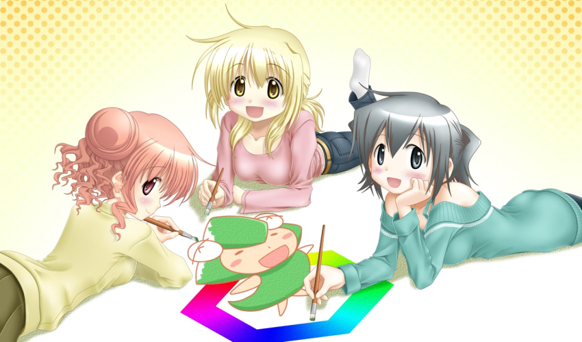 :d, bare_shoulders, blonde_hair, blush, casual, chin_rest, double_bun, green_eyes