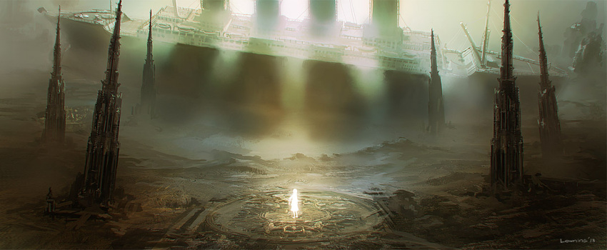 1girl, building, city, fog, glowing, original, rounin_(amuza), ruins