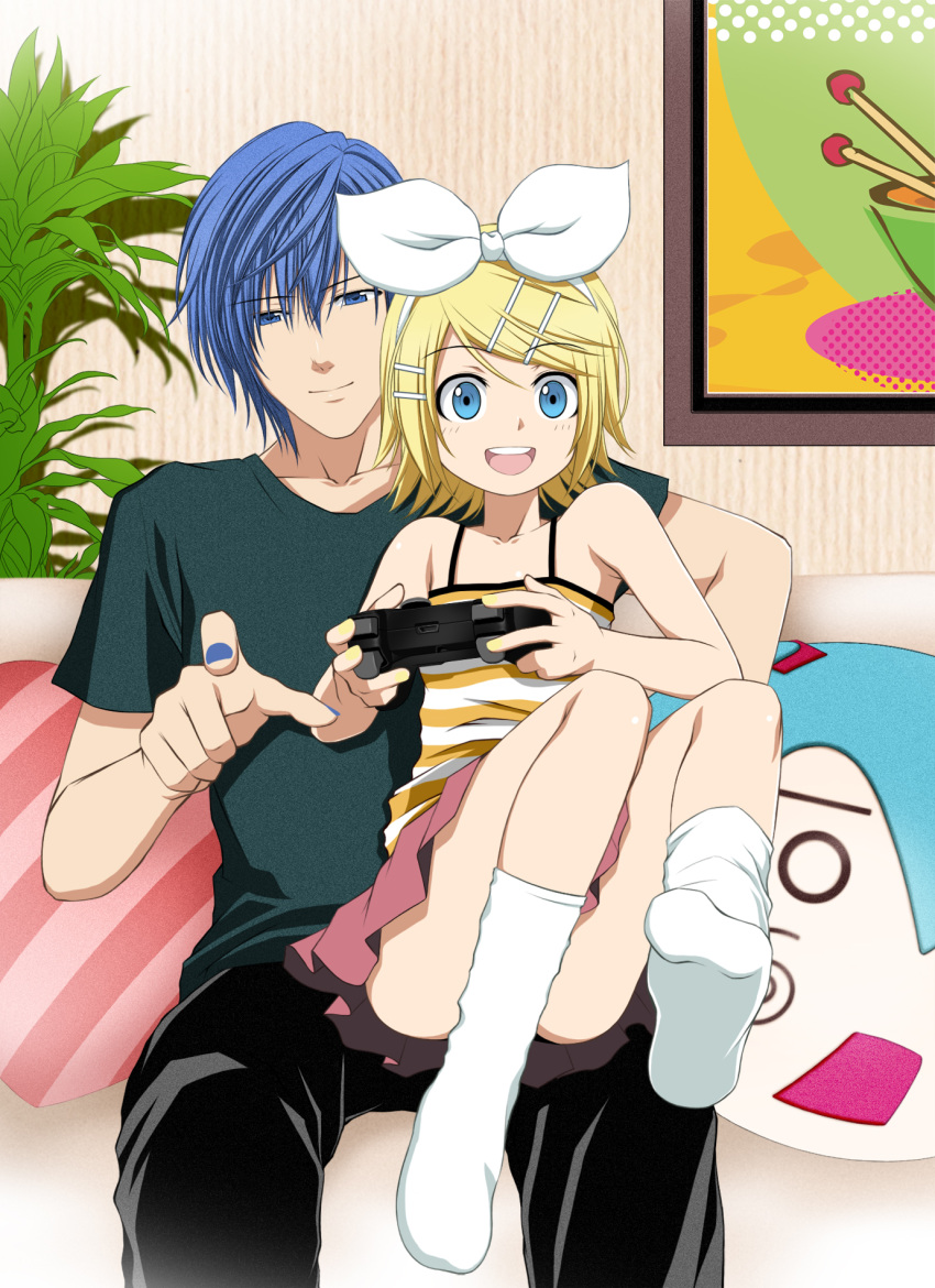 1boy, 1girl, aqua_eyes, blonde_hair, blue_eyes, blue_hair, highres, kagamine_rin
