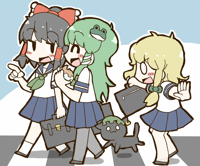 3girls, adomi, black_hair, blonde_hair, bow, braid, cat, chen, chen_(cat), frog_hair_ornament, green_hair, hair_bow, hair_ornament, hair_ribbon, hair_tubes, hakurei_reimu, kirisame_marisa, kochiya_sanae, multiple_girls, pantyhose, pleated_skirt, ribbon, school_uniform, serafuku, skirt, snake_hair_ornament, touhou