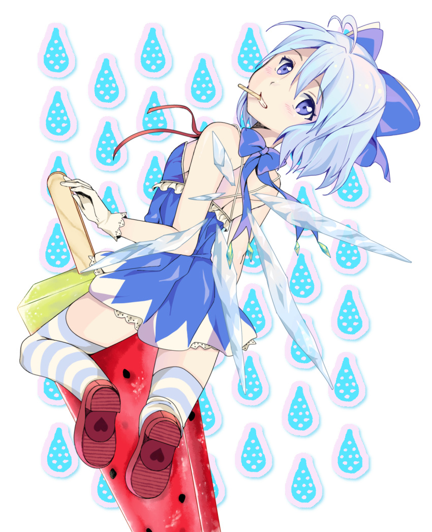 1girl, adapted_costume, backless_outfit, bare_arms, bare_shoulders, blue_dress, blue_eyes, blue_hair