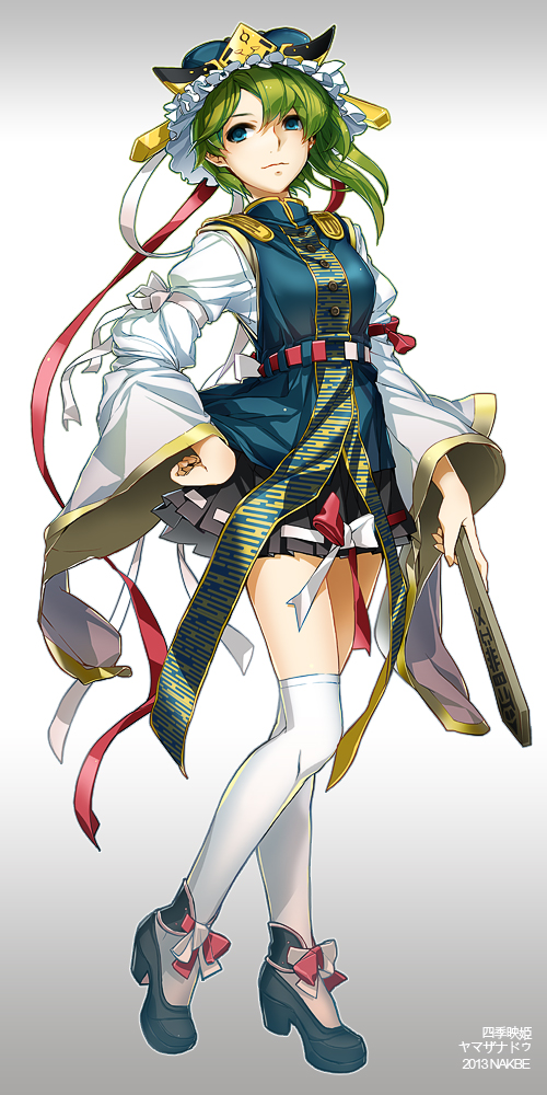 1girl, blue_eyes, green_hair, hat, light_smile, nakbe, rod_of_remorse, shikieiki_yamaxanadu