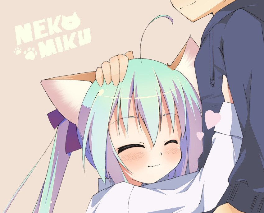 1boy, 1girl, animal_ears, blush, cat_ears, closed_eyes, green_hair, hatsune_miku, highres, hug, long_hair, petting, ribbon, shirt, smile, torinannkotsukushi, twintails, vocaloid