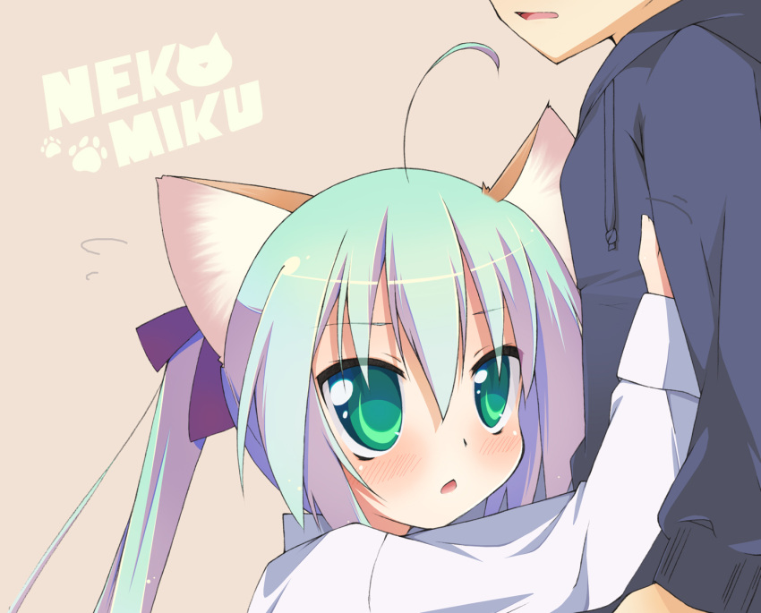 1boy, 1girl, animal_ears, blush, cat_ears, green_eyes, green_hair, hatsune_miku
