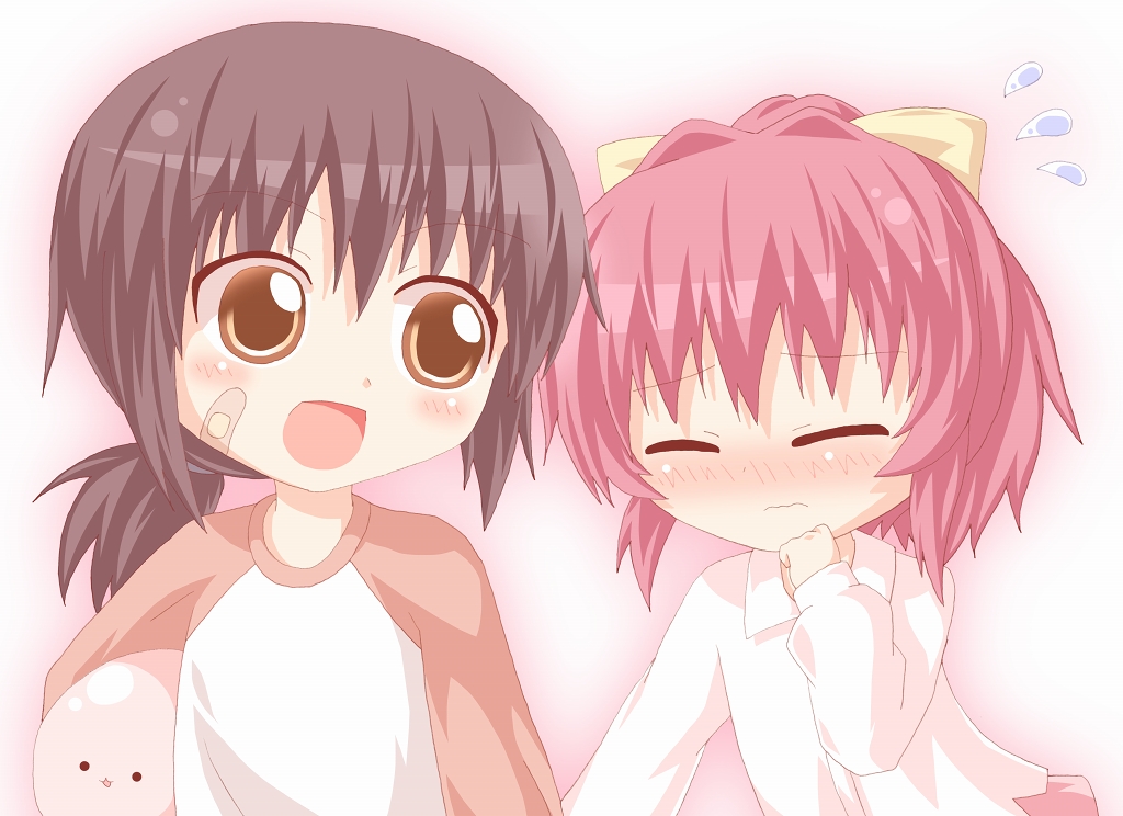 2girls, ^_^, bandaid, black_hair, blush, brown_eyes, child, closed_eyes