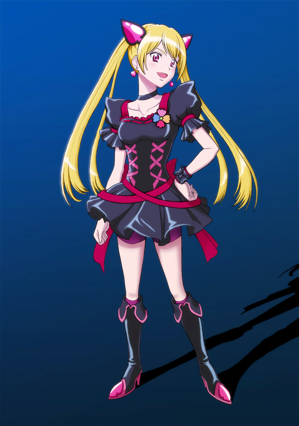 1girl, blonde_hair, boots, breasts, choker, cure_peach, dark_persona, dress