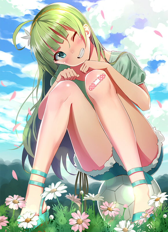 1girl, ahoge, aqua_eyes, ball, bandaid, bandaid_on_knee, blonde_hair, clouds